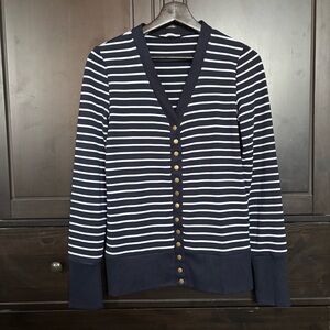Striped Navy Blue and White V-Neck Cardigan, Med *Excellent Condition*